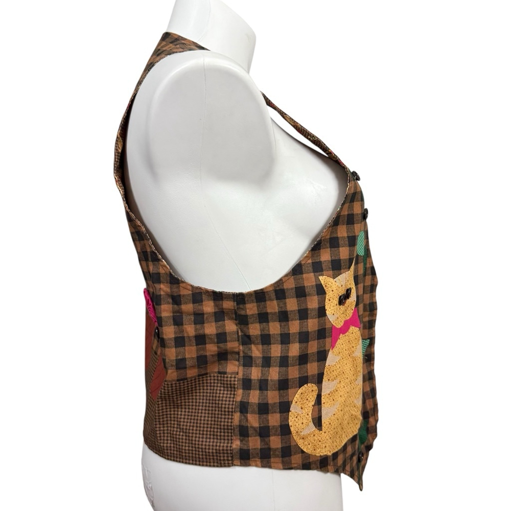 Vintage Handmade Patchwork Cat & Flower Appliqu V… - image 4